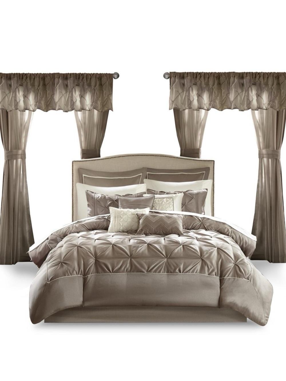 Madison Park Faux Silk Comforter Set Decorative Pillows,Taupe Cal King 24 piece
